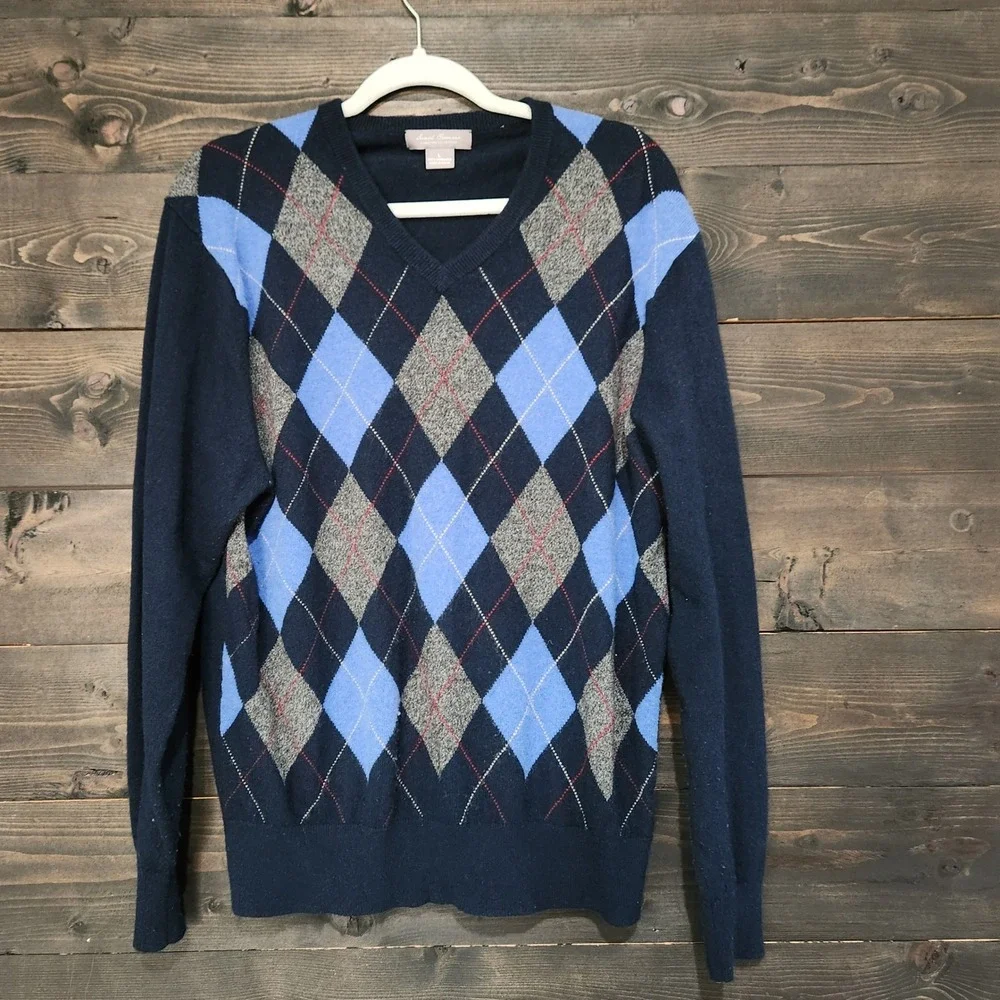 Daniel Cremieux 100% Cashmere Argyle V-Neck Sweater Men's Large Navy Blue Preppy